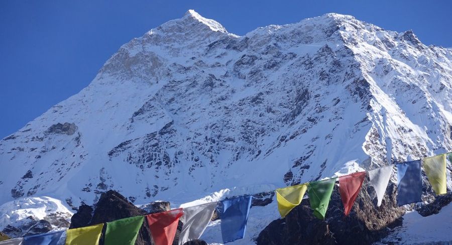 Mount Makalu from above base camp in the Barun Valley