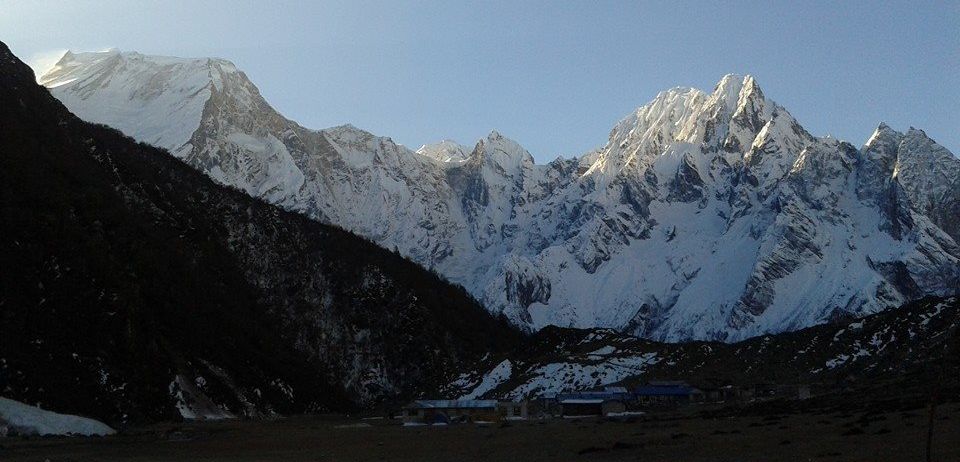 Mount Manaslu and Phungi from camp at Phedi beneath Larkya La