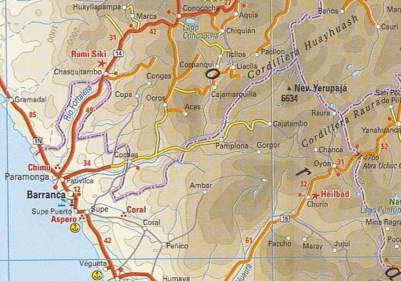 Location map for Yerupaja ( 6635 metres ) - second highest mountain in Peru and the highest in the Cordillera Huayhuash