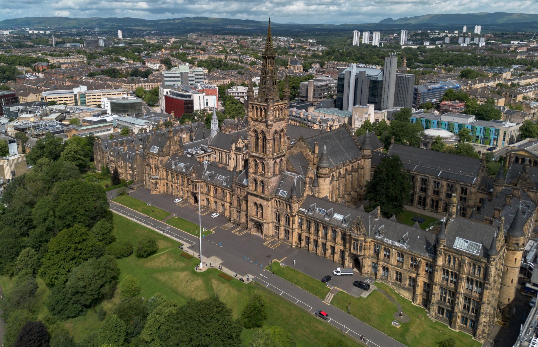 Aerial view of Glasgow University at Kelvingrove